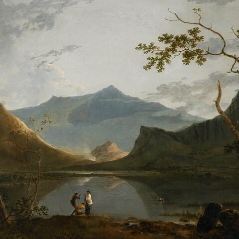 painting of people fishing on a lake with a mountain in the background