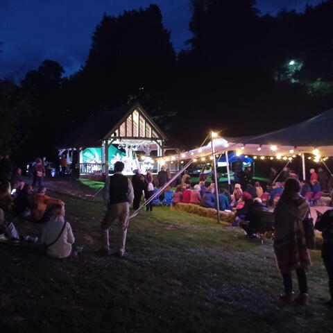 Night Time, Marquee lots of people under the marquee and band stand and lots of fairy lights