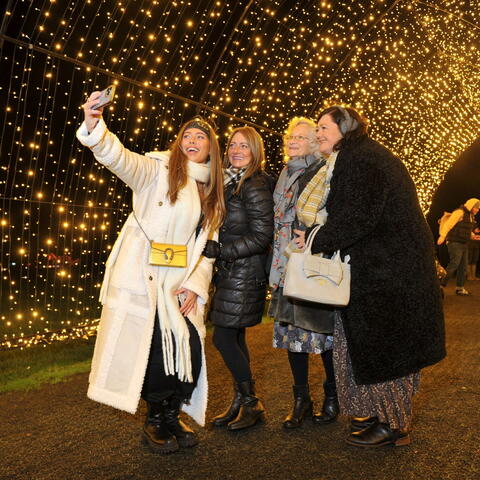 group of people taking pictures in front of a curtain of Christmas fairy lights