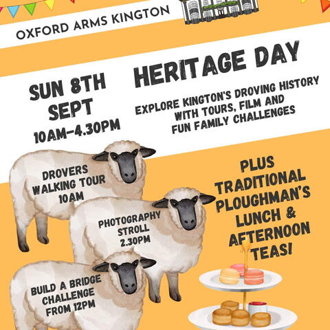 Event poster for Drover's Heritage Day with sheep and plates of food