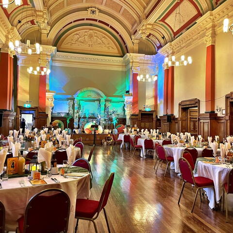 Town hall dressed for a banquet