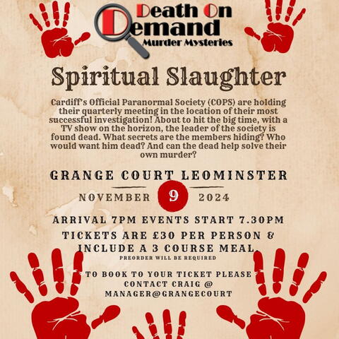 event poster with black writing and red handprints