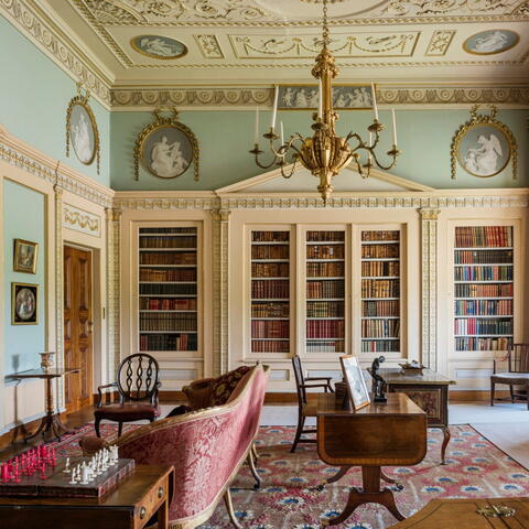 Regal room with high ceilings, pale blue walls with cream panels