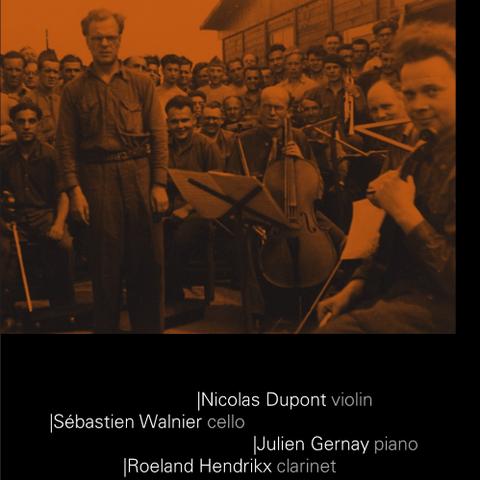 poster with photo of a large group of musicians in orange and black tones