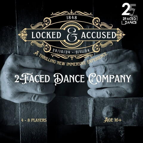 dark event poster with black and white background close up of two hands gripping thick iron prison-style bars