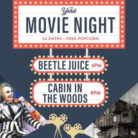 A poster for movie night with a picture of Beetle Juice and a picture of a crooked wooden cabin