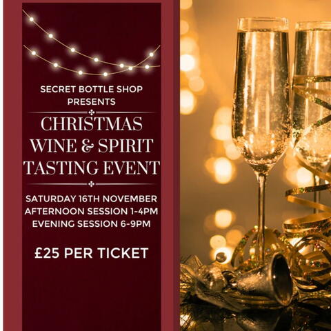 Poster with Christmas event information and image of sparkling wine in fluted glasses
