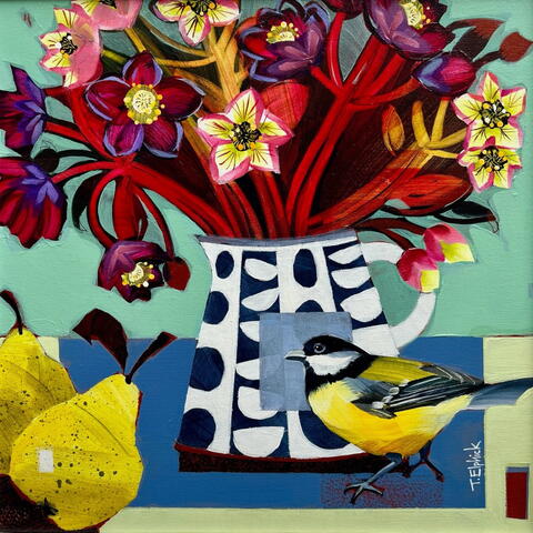 Painting of still life flowers in a vase with a blue tit bird and pears