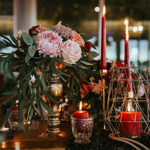 Floral display with candles