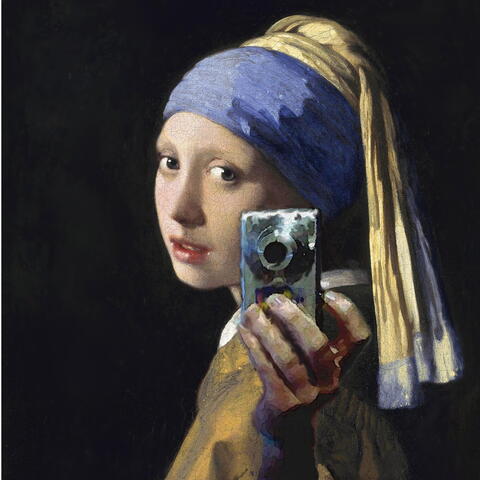 Girl with a pearl earring painting edited to include her holding a small digital camera