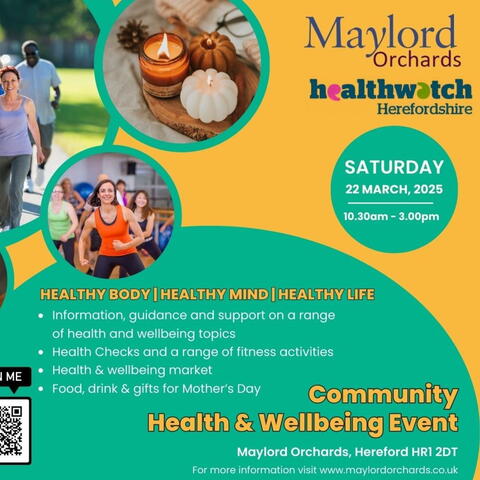 A flyer for a community health and wellbeing event at Maylords in Hereford