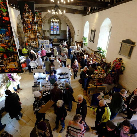 Elevated view of a market in a large hall