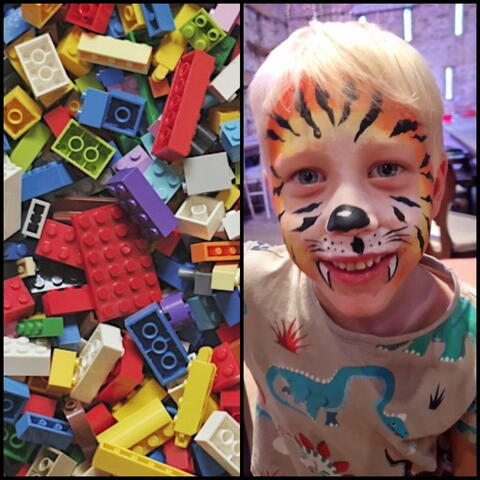 FREE Children’s Lego, Film & Garden Fun Day + £5 Face Painting! poster with lego and a child with tiger facepaint