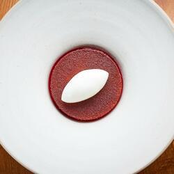 Mulled red wine pear, vanilla panna cotta, gingerbread, yoghurt sorbet by Jodi Hinds