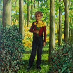 'Boy with Daffodils' oil on linen painting 