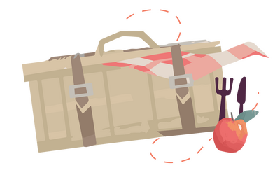 Food Safari icon with picnic basket, apple, knife and fork